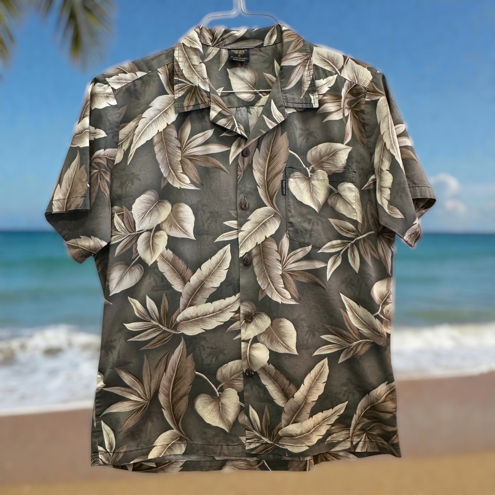 Palmwave Hawaii Aloha Shirt Men's M Gray Tan Leaf Print Button‎ Up 100% Cotton